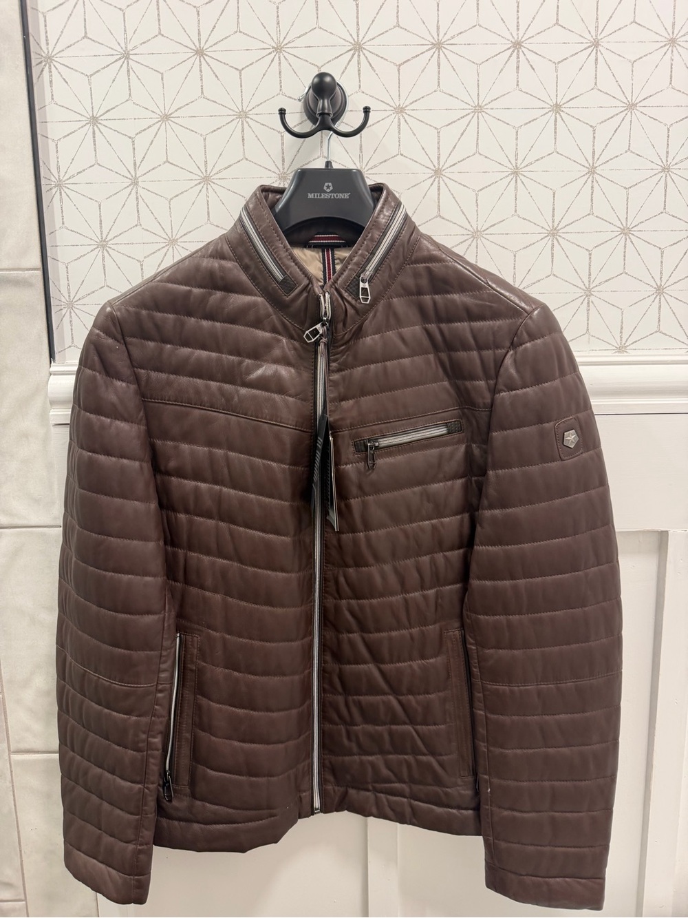 NWT Milestone Men’s Brown Nappa Leather Quilted Jacket Luxury Moto